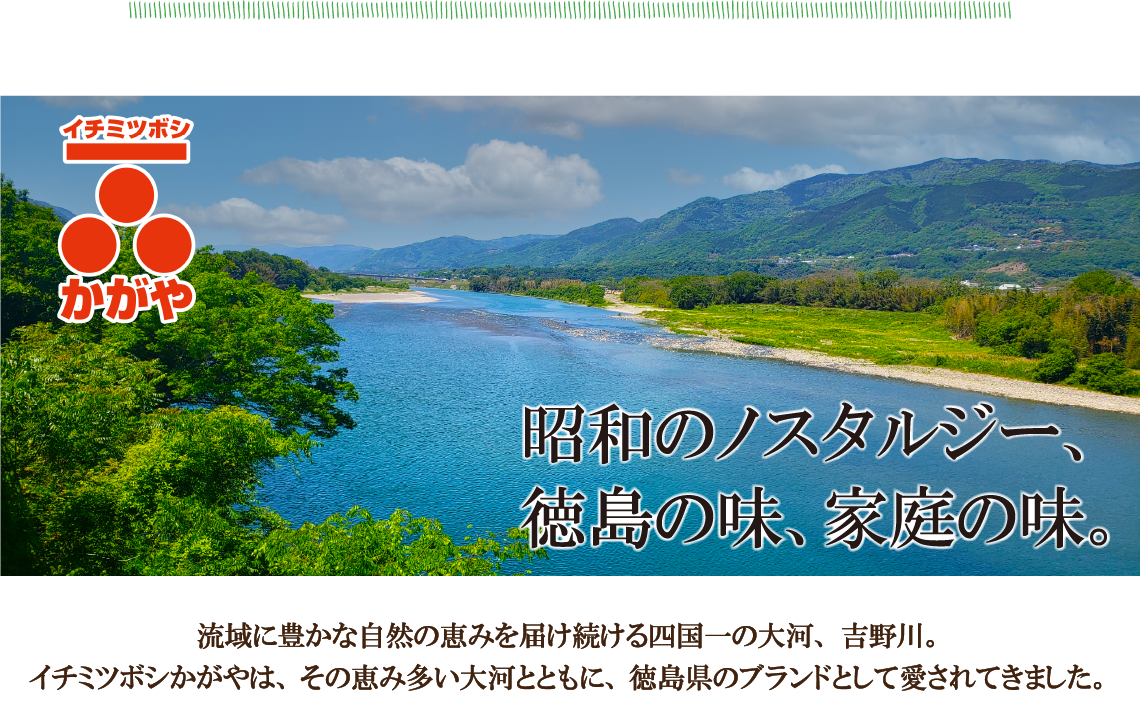 イチミツボシかがや　昭和のノスタルジー、徳島の味、家庭の味　流域に豊かな自然の恵みを届け続ける四国一の大河、吉野川。イチミツボシかがやは、その恵み多い大河とともに、徳島県のブランドとして愛されてきました。