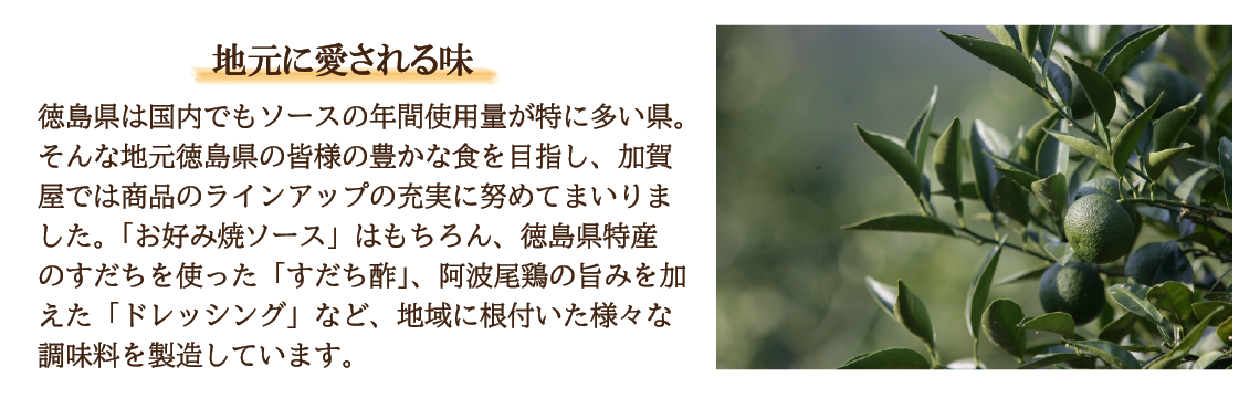 地元に愛される味　徳島県は国内でもソースの年間使用量が特に多い県。そんな地元徳島県の皆様の豊かな食を目指し、加賀屋では商品のラインナップの充実に努めてまいりました。「お好み焼きソース」はもちろん、徳島県特産のすだちを使った「すだち酢」、阿波尾鶏の旨みを加えた「ドレッシング」など、地域に根付いた様々な調味料を製造しています。