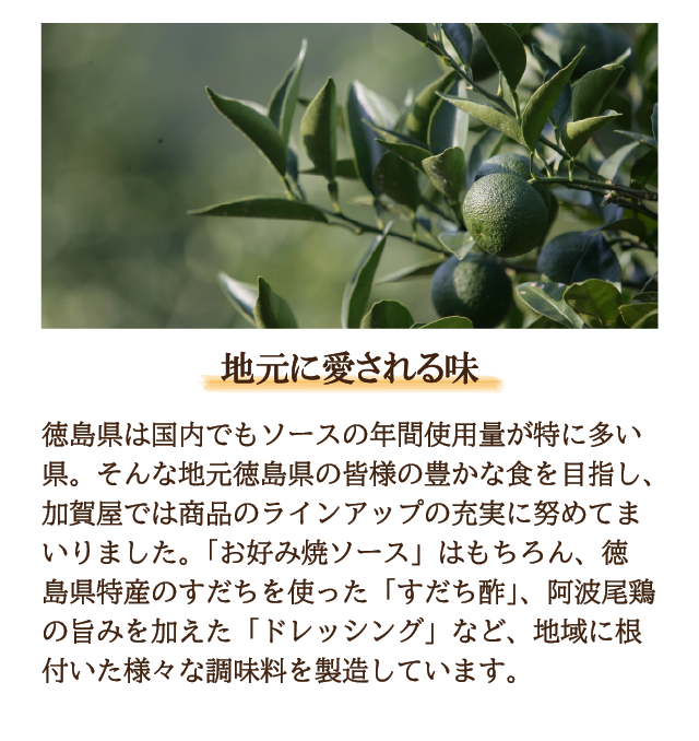地元に愛される味　徳島県は国内でもソースの年間使用量が特に多い県。そんな地元徳島県の皆様の豊かな食を目指し、加賀屋では商品のラインナップの充実に努めてまいりました。「お好み焼きソース」はもちろん、徳島県特産のすだちを使った「すだち酢」、阿波尾鶏の旨みを加えた「ドレッシング」など、地域に根付いた様々な調味料を製造しています。