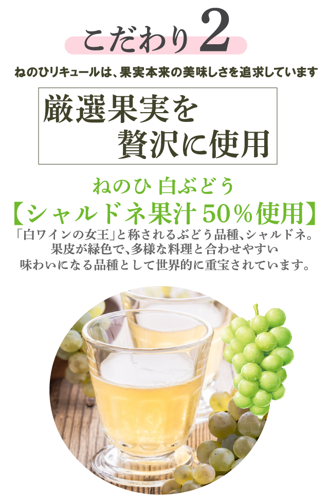 こだわり2　ねのひリキュールは、果実本来の美味しさを追求しています　厳選果実 贅沢に使用　ねのひ 白ぶどう【シャルドネ果汁50％使用】「白ワインの女王」と称されるぶどう品種、シャルドネ。果皮が緑色で、多様な料理と合わせやすい味わいになる品種として世界的に重宝されています。